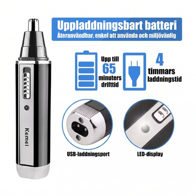 Trimmer med information om uppladdningsbart batteri, 65 minuters drifttid, 4 timmars laddningstid, USB-laddningsport och LED-display