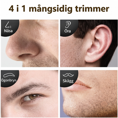 Kollage med rubriken "4 i 1 mångsidig trimmer" som visar närbilder på näsa, öra, ögonbryn och skägg