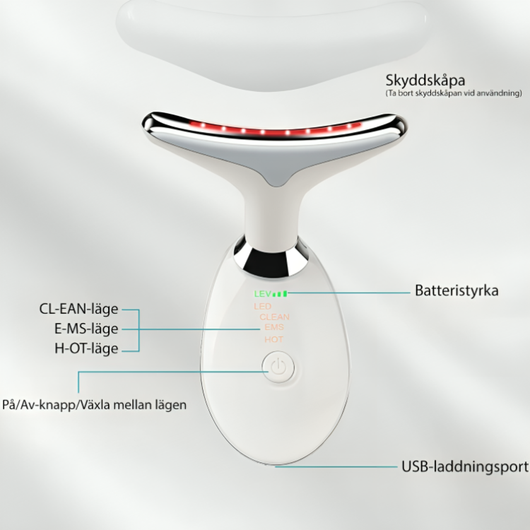 InfraRelief™ nackmasserare med LED, EMS och värmefunktion – visar CLEAN, EMS och HOT-lägen, USB-laddning och batteristyrka