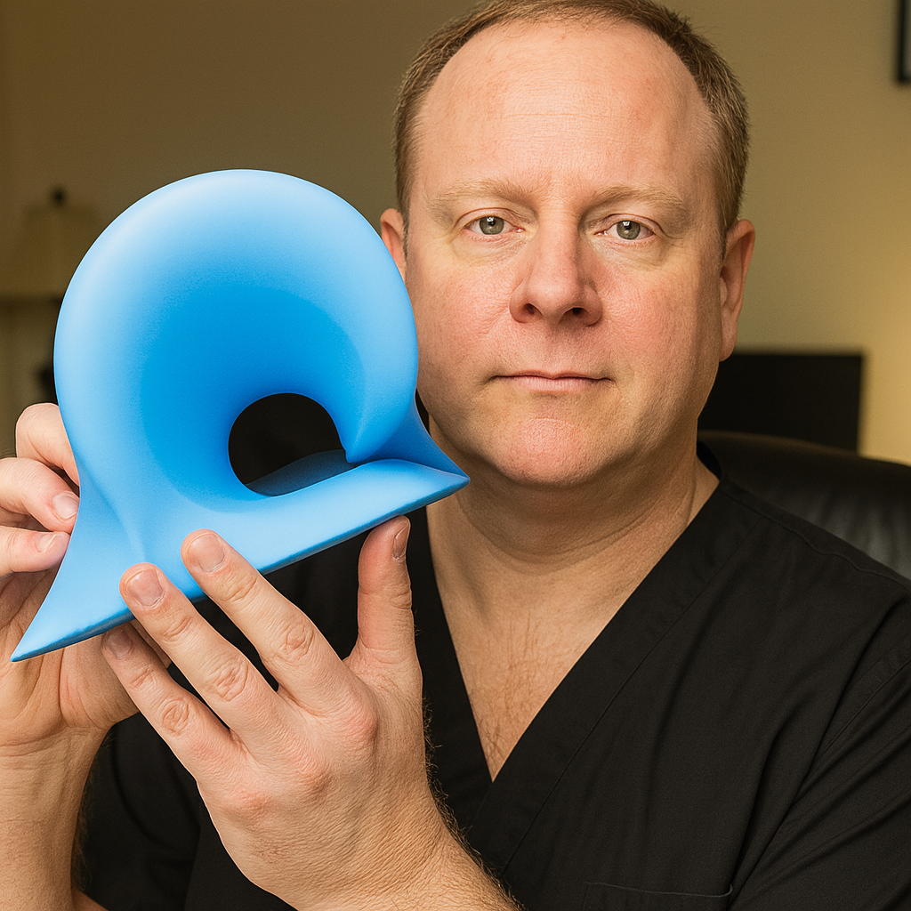 Fysioterapeut visar hur nacksträckare fungerar – formad för att återställa nackens naturliga kurva, minska smärta och förbättra hållning.