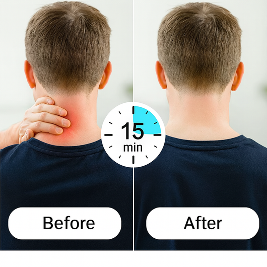Före och efter bild som visar hur 15 minuter nackmassage minskar inflammation, stelhet och nacksmärta