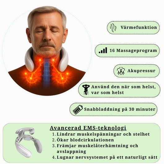 Nackmassage med värmefunktion, akupressur och EMS för att öka blodcirkulation och minska spänningar i nacken