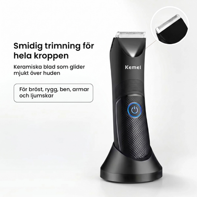 Trimmer med rubriken "Smidig trimning för hela kroppen" och närbild på det keramiska bladet