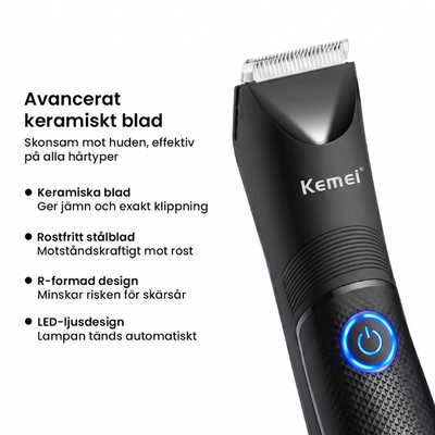 Trimmer med rubriken "Avancerat keramiskt blad" och lista över egenskaper som keramiskt blad, rostfritt stål och R-formad design
