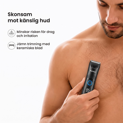 Man använder helkroppstrimmern på bröstet, med rubriken "Skonsam mot känslig hud"