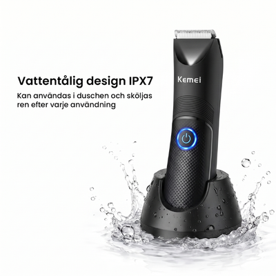 Trimmer i laddstation omgiven av vattenstänk, med rubriken "Vattentålig design IPX7"