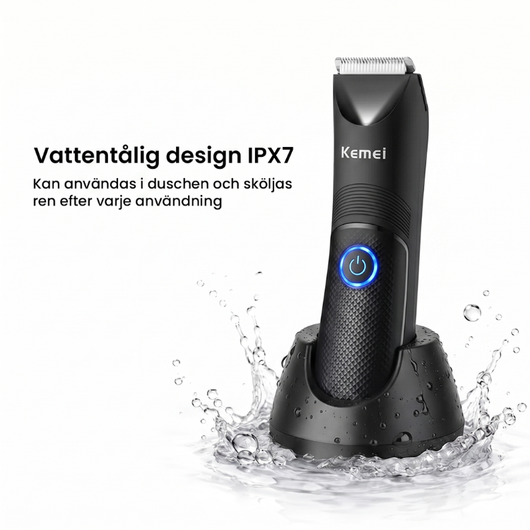 Trimmer i laddstation omgiven av vattenstänk, med rubriken "Vattentålig design IPX7"