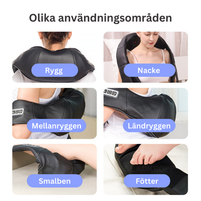 Shiatsu nackmassager med värme – visar olika användningsområden: rygg, nacke, mellanrygg, ländryggen, smalben och fötter