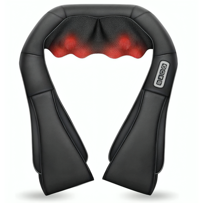 Shiatsu nackmassager med värmefunktion i svart – U-formad design med röda massagenoder, produktbild mot vit bakgrund