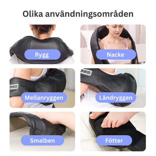 Shiatsu nackmassager med värme – visar olika användningsområden: rygg, nacke, mellanrygg, ländryggen, smalben och fötter