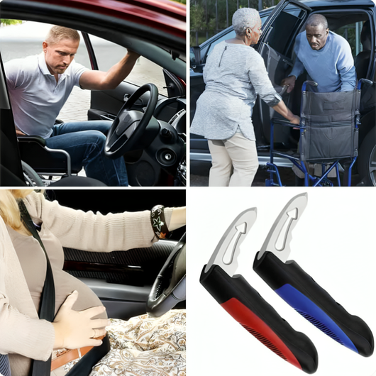 Kollage som visar bilhandtaget användas av person i rullstol, äldre man som hjälps ur bilen, gravid kvinna med säkerhetsbälte samt handtagen i rött och blått