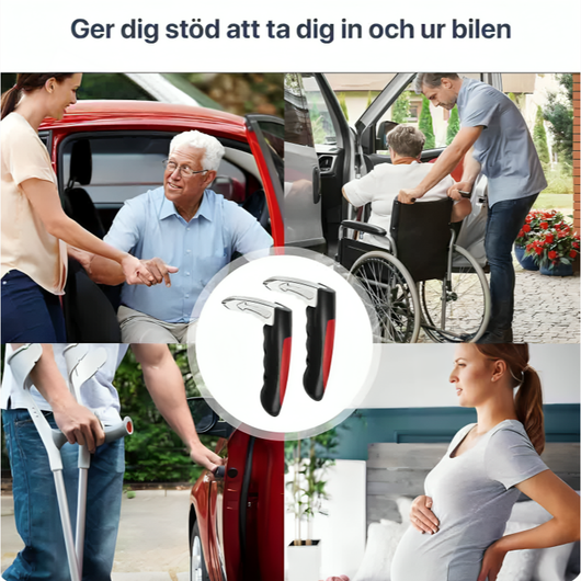 Kollage med rubriken "Ger dig stöd att ta dig in och ur bilen" – visar äldre personer, rullstol, kryckor och gravid kvinna som får hjälp vid bilen