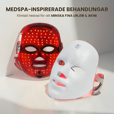 Två LED-ansiktsmaskar mot vit bakgrund – en röd genomskinlig och en vit silikon