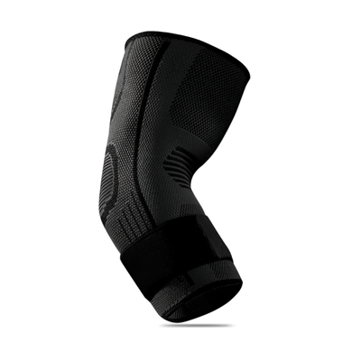 Helt svart armbågsstöd med 3D-stickad kompression och justerbart band mot vit bakgrund