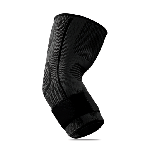 Helt svart armbågsstöd med 3D-stickad kompression och justerbart band mot vit bakgrund