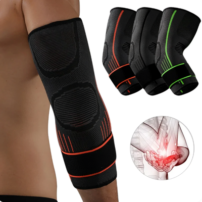 Armbågsstöd buret på arm med alla tre färgvarianter och illustration av smärta i armbågsleden