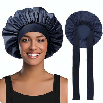Kollage som visar kvinna iförd marinblå satin bonnet samt bonneten sedd underifrån med sina justerbara knytband