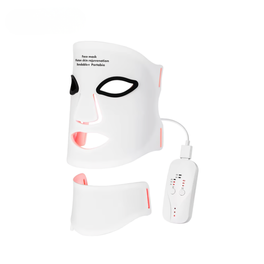InfraRelief™ Ansiktsmask 2.0 i vitt medicinskt silikon med halsmask och fjärrkontroll – LED-mask för rödljusterapi