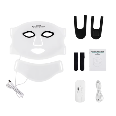 InfraRelief™ Ansiktsmask 2.0 – komplett set med ansiktsmask, halsmask, fjärrkontroll, USB-C laddningskabel, ögonkuddar och användarmanual