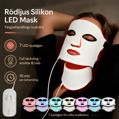 Kvinna bär InfraRelief™ Ansiktsmask 2.0 i rödljusläge – visar 7 LED-ljuslägen, full täckning för ansikte och hals, samt 10 minuters behandlingstid
