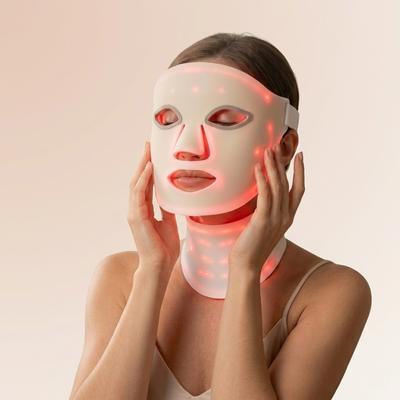 Kvinna med InfraRelief™ LED-ansiktsmask i vitt med rött ljus mot beige bakgrund