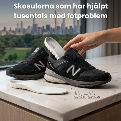 FootRelief™ ortopediska skoinlägg läggs i svart sneaker – skoinlägg som hjälper mot fotproblem, hälsporre och dålig hållning
