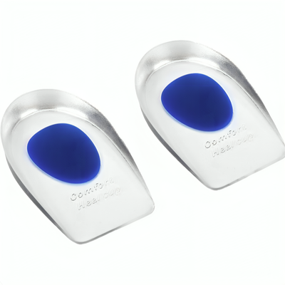 NordCura™ silikon-gel hälinlägg par framifrån – kompakt U-formad häl cup i transparent silikon med blå geldyna för stötdämpning
