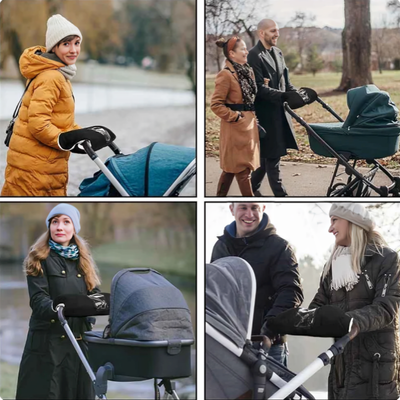 Föräldrar använder barnvagnsmuff under promenad i park, vinterväder