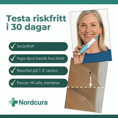 Kvinna håller hudfliksborttagare med texten Testa riskfritt i 30 dagar och fyra fördelar: smärtfritt, inga klinikbesök, resultat på 1–2 veckor och passar alla storlekar