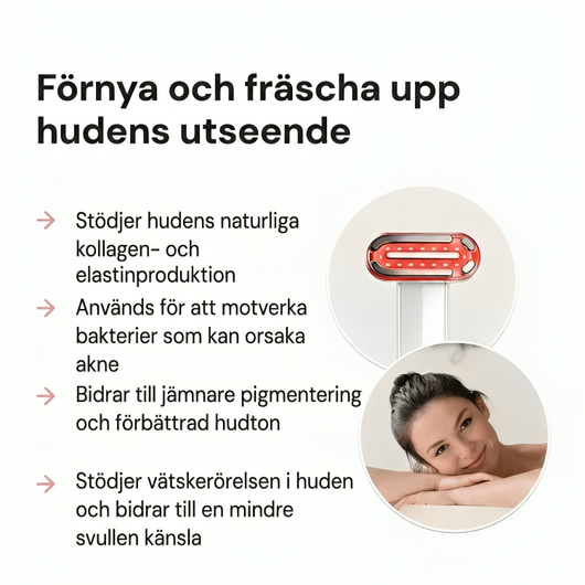 Infografik för InfraRelief – fördelar: stödjer kollagen- och elastinproduktion, motverkar bakterier som orsakar akne, bidrar till jämnare pigmentering och stödjer vätskerörelsen i huden