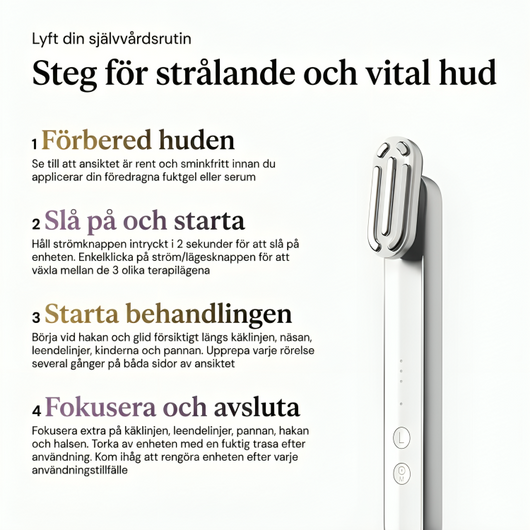 Steg-för-steg guide för InfraRelief hudvårdsapparat – förbered huden, slå på och starta, starta behandlingen, fokusera och avsluta