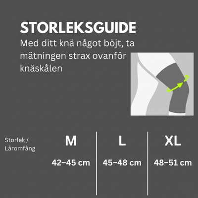 Storleksguide Nordcura Knäskydd – mät strax ovanför knäskålen med knäet något böjt. M: 42–45 cm, L: 45–48 cm, XL: 48–51 cm