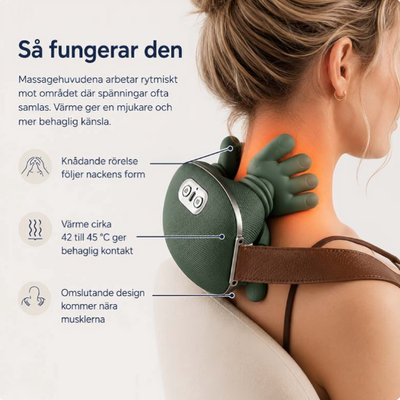 Kvinna som använder grön elektrisk nackmassager på nacken – infografik visar knådande rörelse, värmefunktion 42–45°C och omslutande design