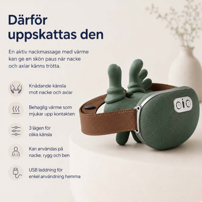 Grön elektrisk nackmassager på bord – infografik visar fördelar: knådning, värme, 3 lägen, flera användningsområden och USB-laddning