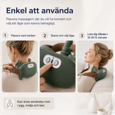 Tre steg för att använda elektrisk nackmassager – placera runt nacken, välj läge, luta dig tillbaka i 10–15 minuter