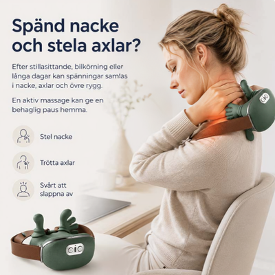 Kvinna som håller grön elektrisk nackmassager mot spänd nacke och axlar – infografik visar användningsområden: stel nacke, trötta axlar, svårt att slappna av
