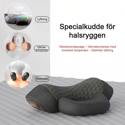 3-i-1 nackmassagekudde på säng – infografik visar tre funktioner: elektrisk lyftning, värmekompress och vibrationsmassage