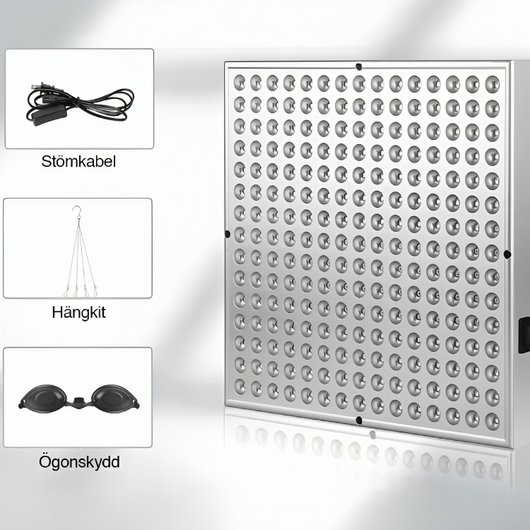 NordCura™ LightPanel 225 – rödljusterapi LED-panel med 225 dioder, 660 nm och 850 nm infraröd ljusterapi. Aluminiumpanel 31×31 cm med strömkabel, hängkit och ögonskydd. Professionell rödljusterapi hemma.