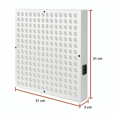 NordCura™ LightPanel 225 – rödljusterapi LED-panel med 225 dioder, 660 nm och 850 nm infraröd ljusterapi. Aluminiumpanel 31×31 cm med strömkabel, hängkit och ögonskydd. Professionell rödljusterapi hemma.