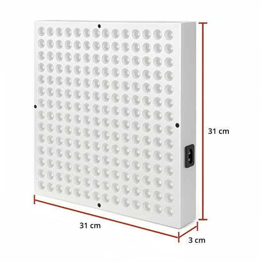 NordCura™ LightPanel 225 – rödljusterapi LED-panel med 225 dioder, 660 nm och 850 nm infraröd ljusterapi. Aluminiumpanel 31×31 cm med strömkabel, hängkit och ögonskydd. Professionell rödljusterapi hemma.