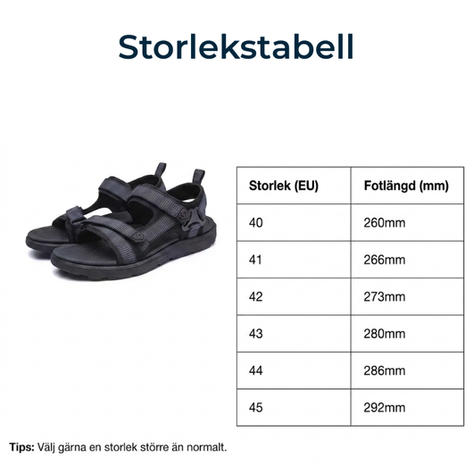 Storlekstabell för stötdämpande sandaler i storlek 40–45 EU med motsvarande fotlängd i mm, med sandal i grå färg till vänster