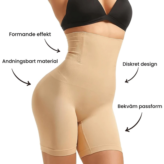 Shapingshorts hög midja beige – illustration av formande effekt, andningsbart material, diskret design och bekväm passform