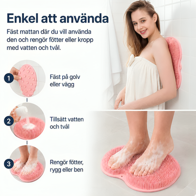 Enkel att använda: Fäst skrubbmattan på golv eller vägg, tillsätt vatten och tvål, och rengör fötter, rygg eller ben. Tre-stegs instruktion med bilder.