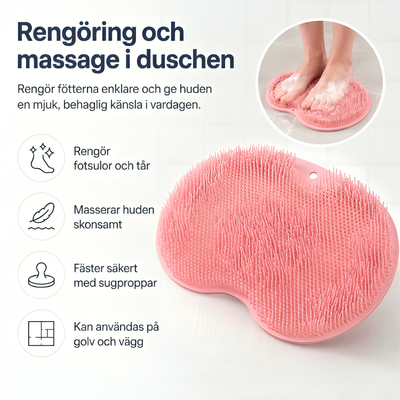 Rosa silikonskrubbmatta för duschen. Rengör fotsulor och tår, masserar huden skonsamt, fäster säkert med sugproppar och kan användas på både golv och vägg.