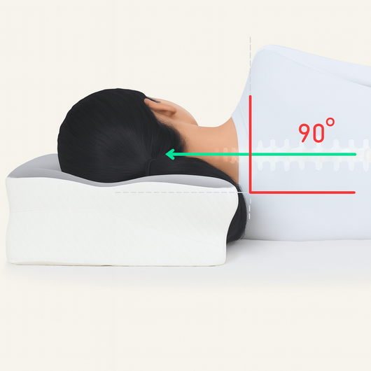 Ortopedisk sovkudde som håller nacken i 90 graders vinkel för att minska spänningar, förbättra hållning och förebygga nacksmärta.