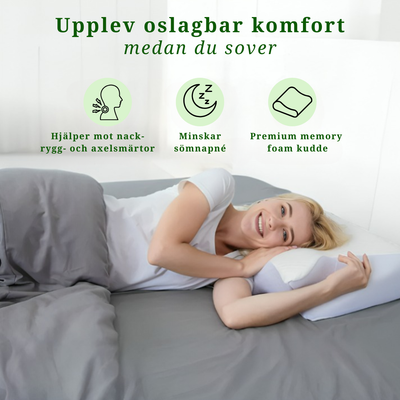 Kvinna sover bekvämt på ergonomisk memory foam kudde som minskar nack- och ryggsmärta, förbättrar sömnkvalitet och cirkulation.
