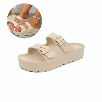 Beige: Tofflor med tjock EVA-sula och justerbara spännen i beige – Dam, produktbild mot vit bakgrund