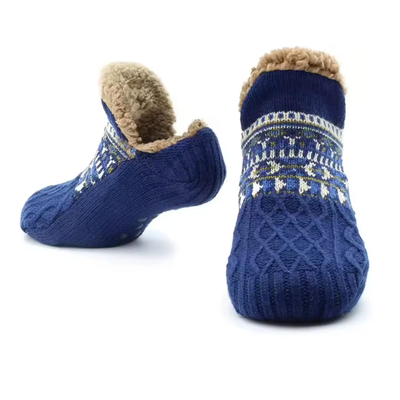 Varmfodrade halksockor i marinblått med fleecefoder och mönstrat skaft