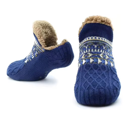 Varmfodrade halksockor i marinblått med fleecefoder och mönstrat skaft